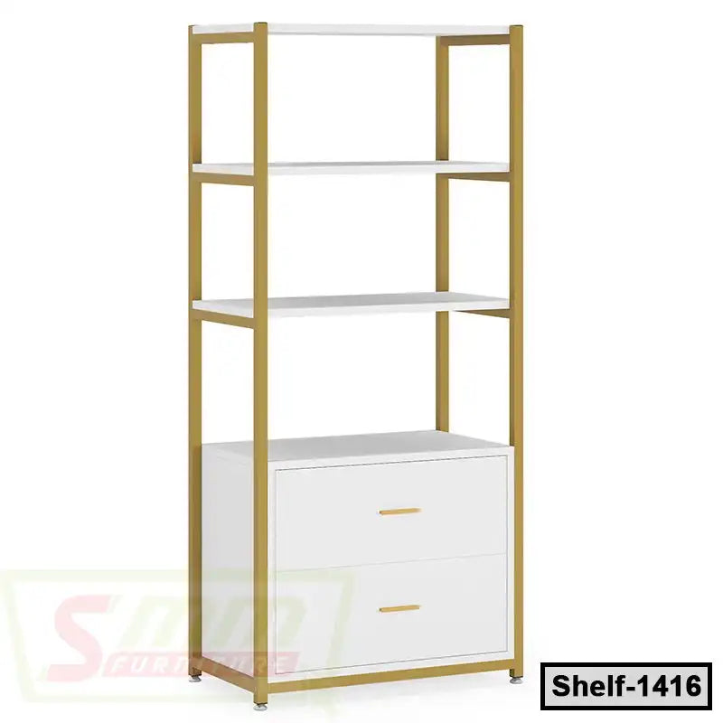 Modern white and gold metal shelf with two drawers, ideal for home or office storage.
