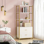 Modern gold and white bookshelf with drawers in a bright bedroom, styled with decor and books.
