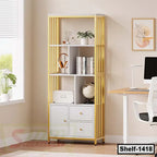 Modern wooden bookshelf with yellow frame, books, decor, drawers in a home office setting