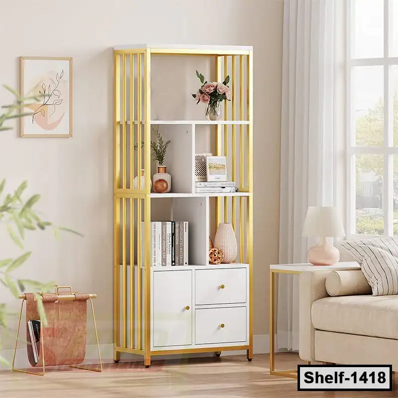 Modern gold and white bookshelf with decorative storage in a bright living room