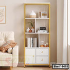 Modern white and gold bookshelf with drawers, decor items, and books in a cozy living room.
