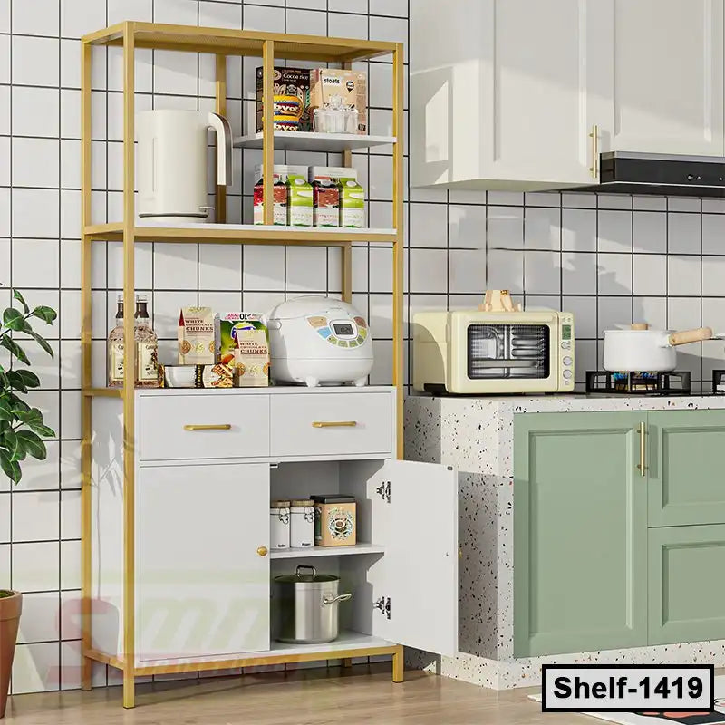 Modern kitchen shelving unit with storage cabinets, home organizer for appliances and pantry items Main image