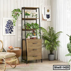 Modern wooden shelf with drawers, indoor plants, and decorative items in a stylish living room