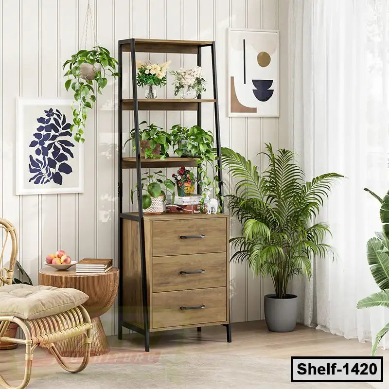 Modern wooden shelf with drawers, indoor plants, and decorative items in a stylish living room