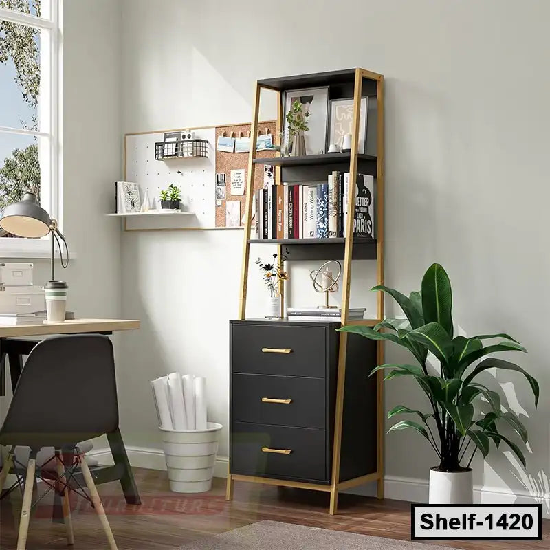 Modern black and gold bookshelf with drawers in a home office setup, near desk and plant