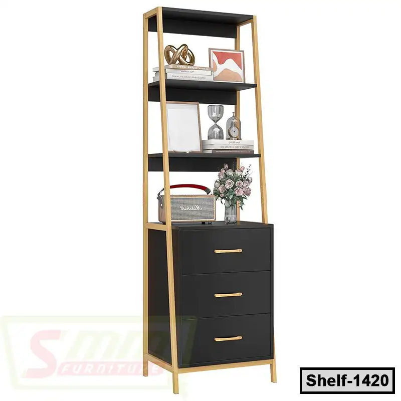 Modern black and gold standing shelf with three drawers and decorative items
