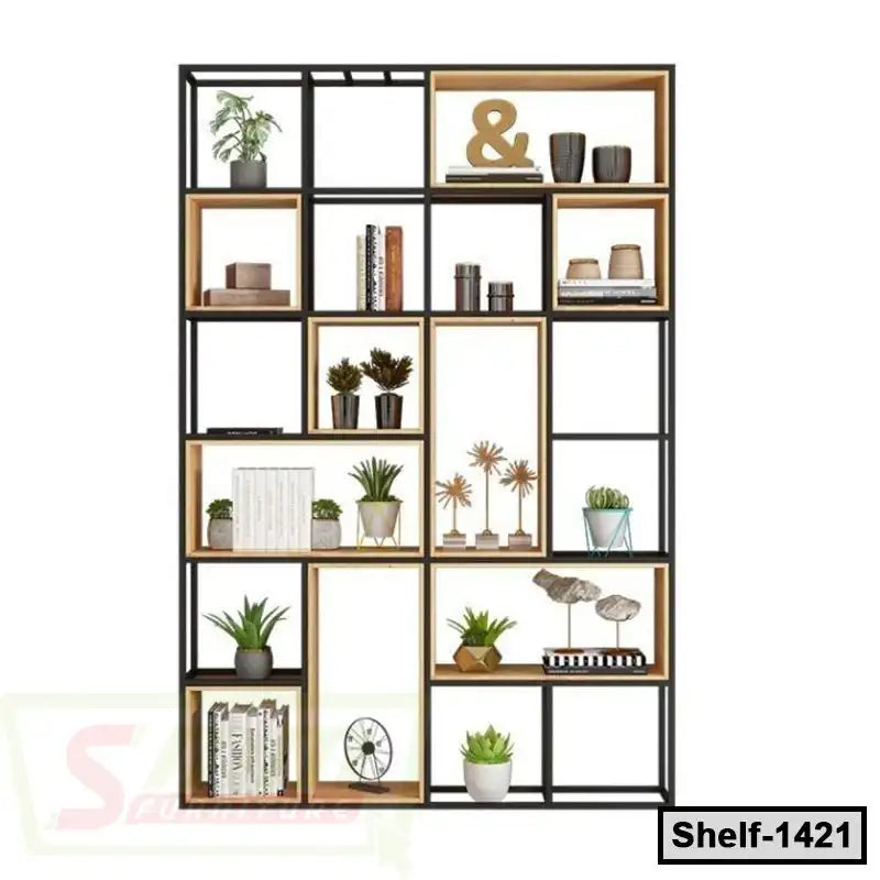 Modern open bookshelf with decorative plants, books, and ornaments, black metal frame