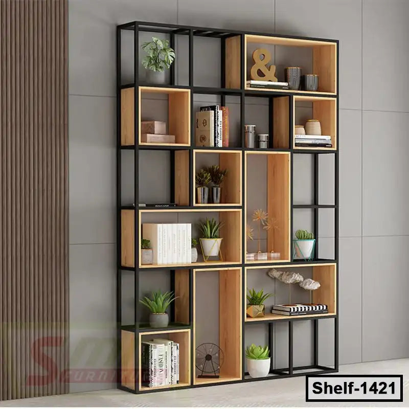 Modern wooden and metal bookshelf with decorative plants, books, and decor items Main image
