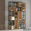 Modern wooden and metal bookshelf with decorative plants, books, and decor items