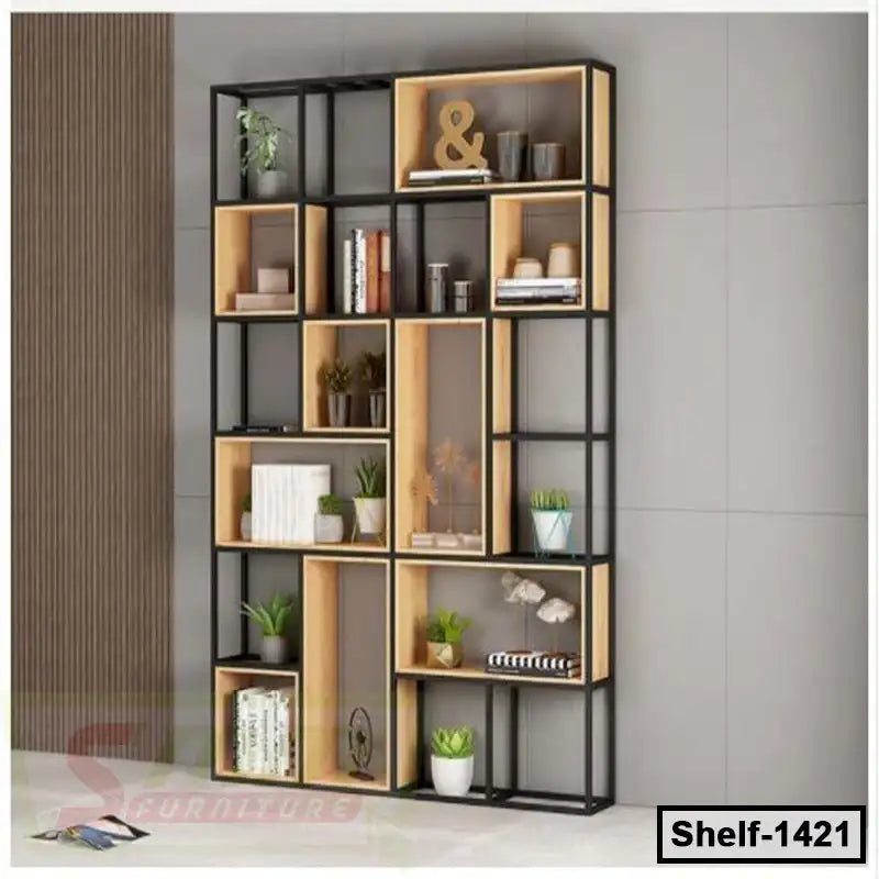 Modern wooden and metal bookshelf with decorative items and plants in a living room