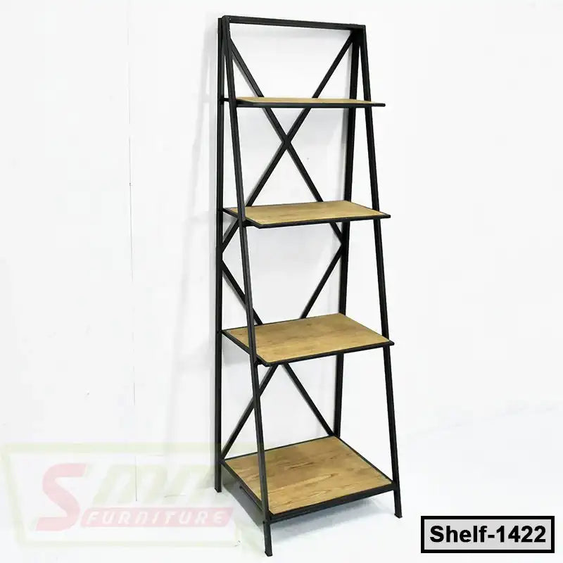 Modern industrial shelf with four wooden tiers and black metal frame, ideal for home or office.