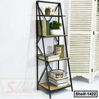 Modern ladder bookshelf with black metal frame and wooden shelves, holding books, plants, and decor