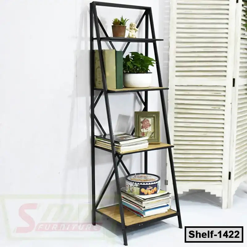 Modern ladder bookshelf with black metal frame and wooden shelves, holding books, plants, and decor