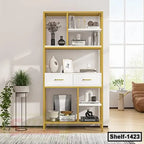 Modern multi-tier bookshelf with yellow frame, white drawers, and decorative items in a bright living room