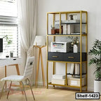 Modern gold and black bookshelf with shelves, drawers, books, and printer in a home office