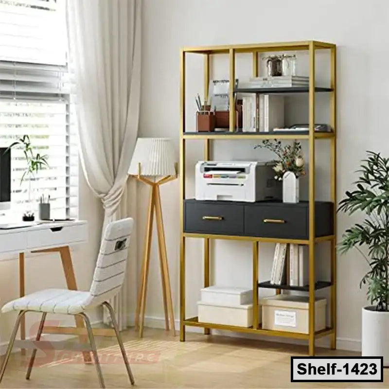 Modern gold and black bookshelf with shelves, drawers, books, and printer in a home office