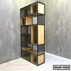 Modern industrial wooden shelf with metal frame, multi-tier open storage, for home or office