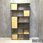 Modern wooden and metal bookshelf with open shelving and closed storage compartments