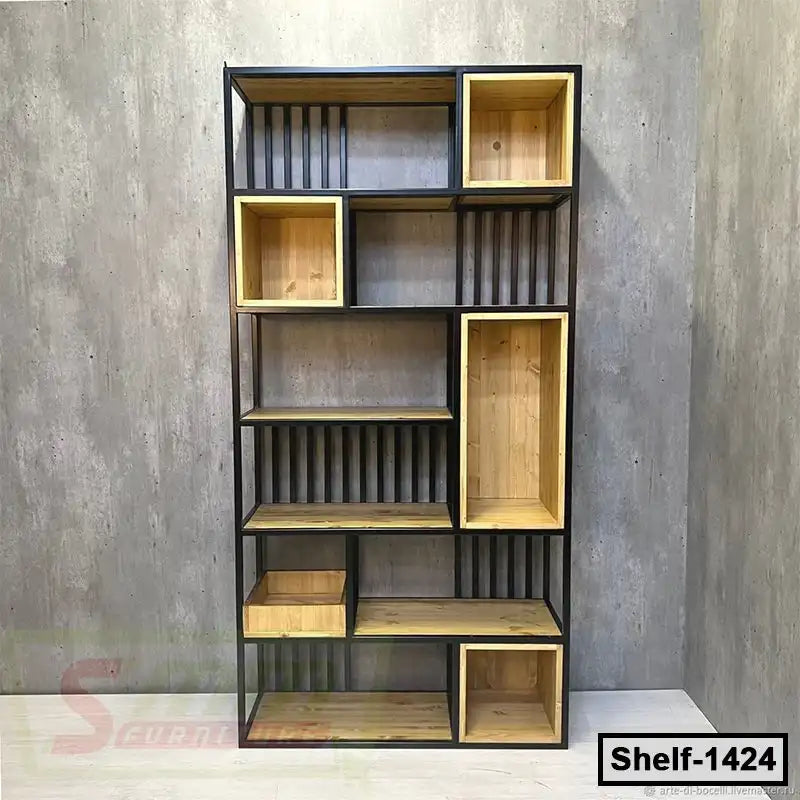 Modern wooden and metal bookshelf with open compartments against a grey wall Main image