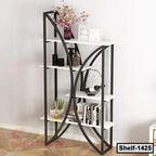 Modern white and black metal bookshelf with decorative shelves, books, and ornaments.