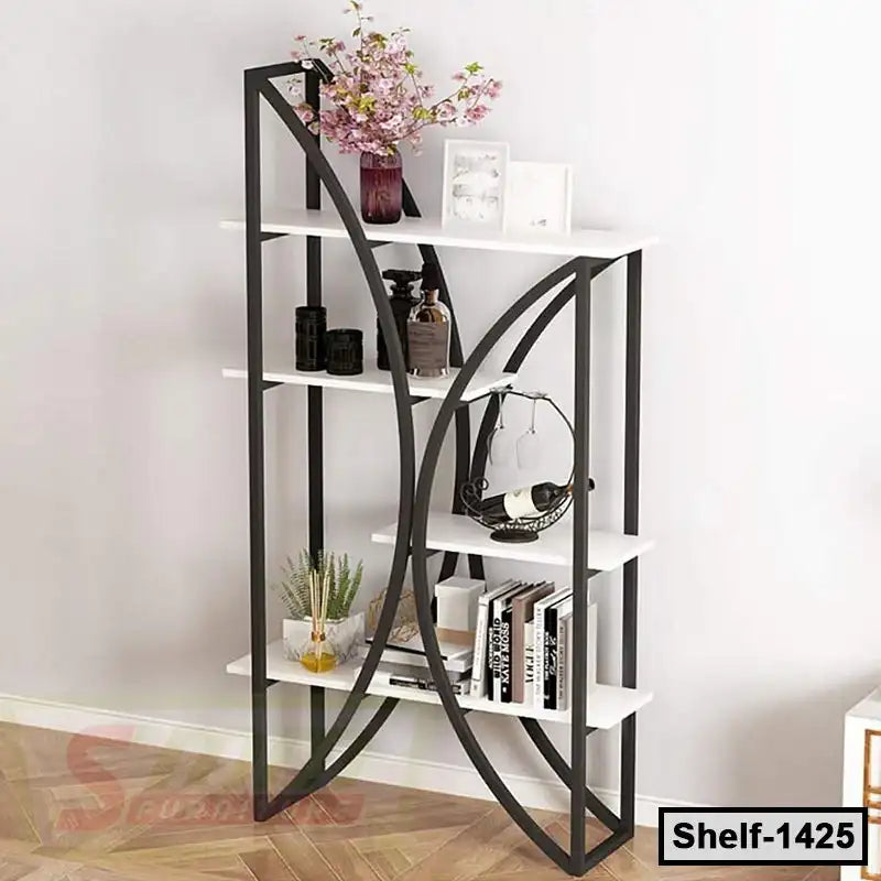 Modern white and black metal bookshelf with decorative shelves, books, and ornaments.