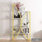 Modern white and yellow metal bookshelf with decorative items and books, ideal for home or office.