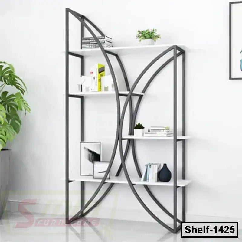 Modern metal and wood bookshelf with geometric design, decorative plants, books, and decor items