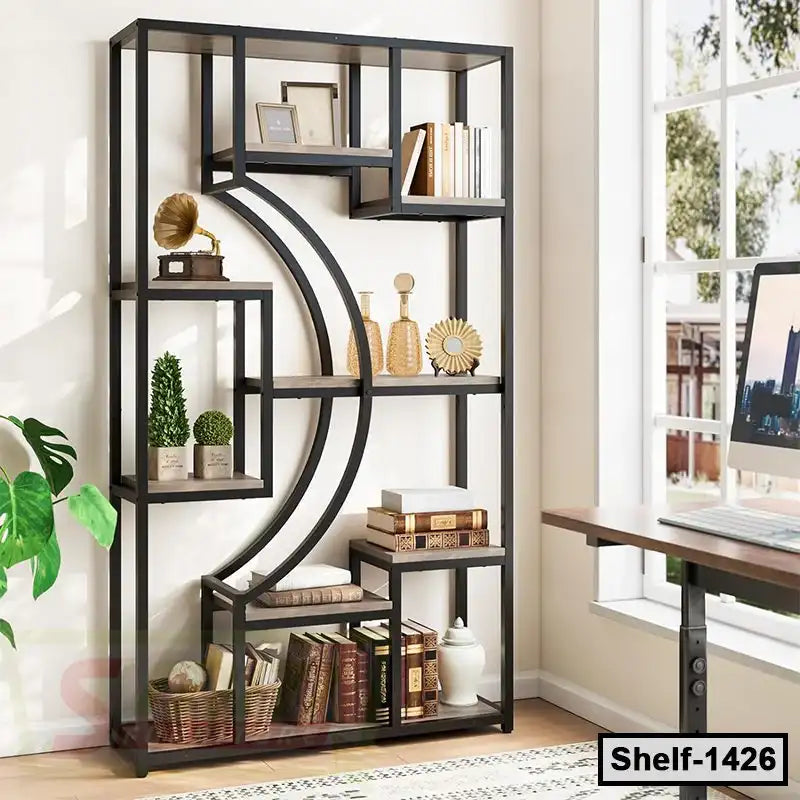 Modern black metal bookshelf with decorative shelves, books, plants, and home accents by a window.