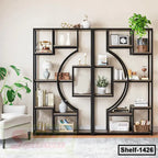 Modern black metal bookshelf with geometric design, home decor, and plants in living room