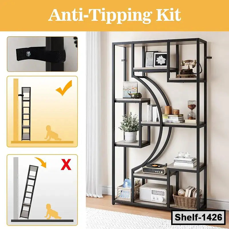 Modern metal and wood bookshelf with decorative items and anti-tipping kit for safety.