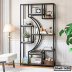 Modern black metal bookshelf with decorative items, books, and plants in a stylish living room