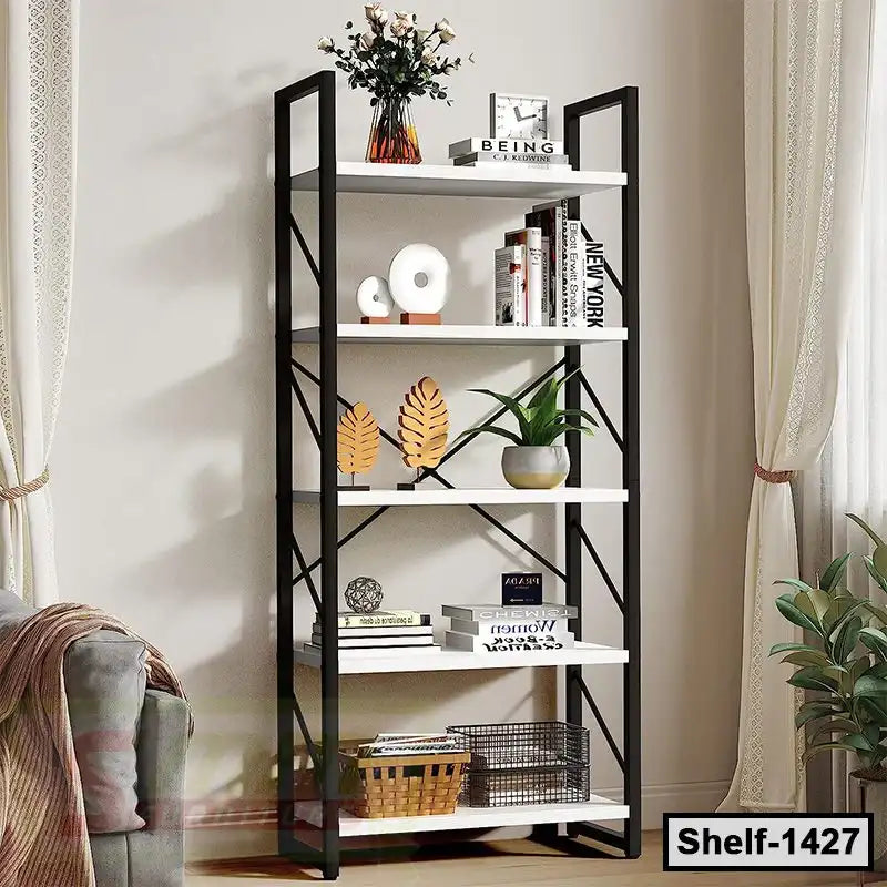 Modern metal and wood bookshelf with decor items, books, and plants in a stylish living room Main image