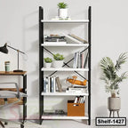 Modern white and black bookshelf with books, plants, and decor in a home office setting