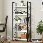 Modern black and white bookshelf with decor, books, and plants in a home office setting