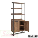 Modern wooden bookshelf with metal frame, three open shelves, and lower storage cabinet