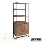 Modern wooden bookshelf with metal frame, open shelves, and storage cabinet, Shelf-1428.