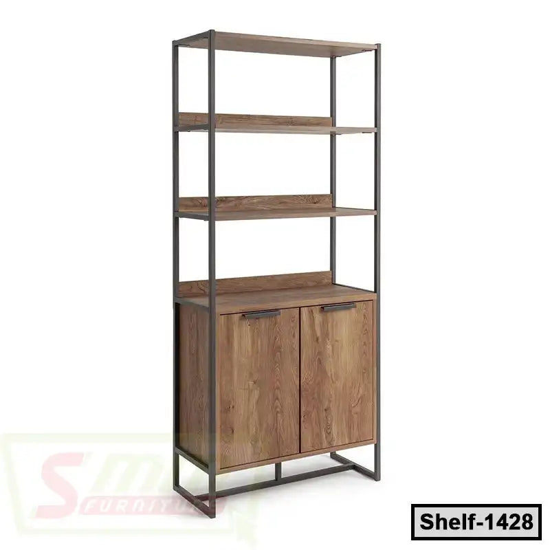 Modern wooden bookshelf with metal frame, open shelves, and storage cabinet, Shelf-1428.