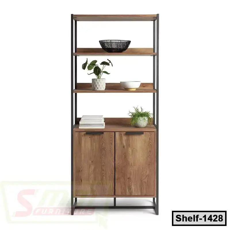 Modern wooden display shelf with cabinet, black frame, and decorative plants and bowls