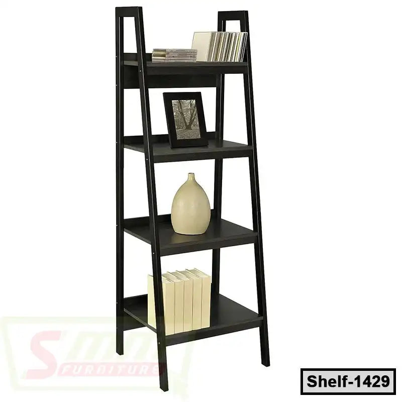 Modern black wooden ladder shelf with four tiers, ideal for home or office storage and decor