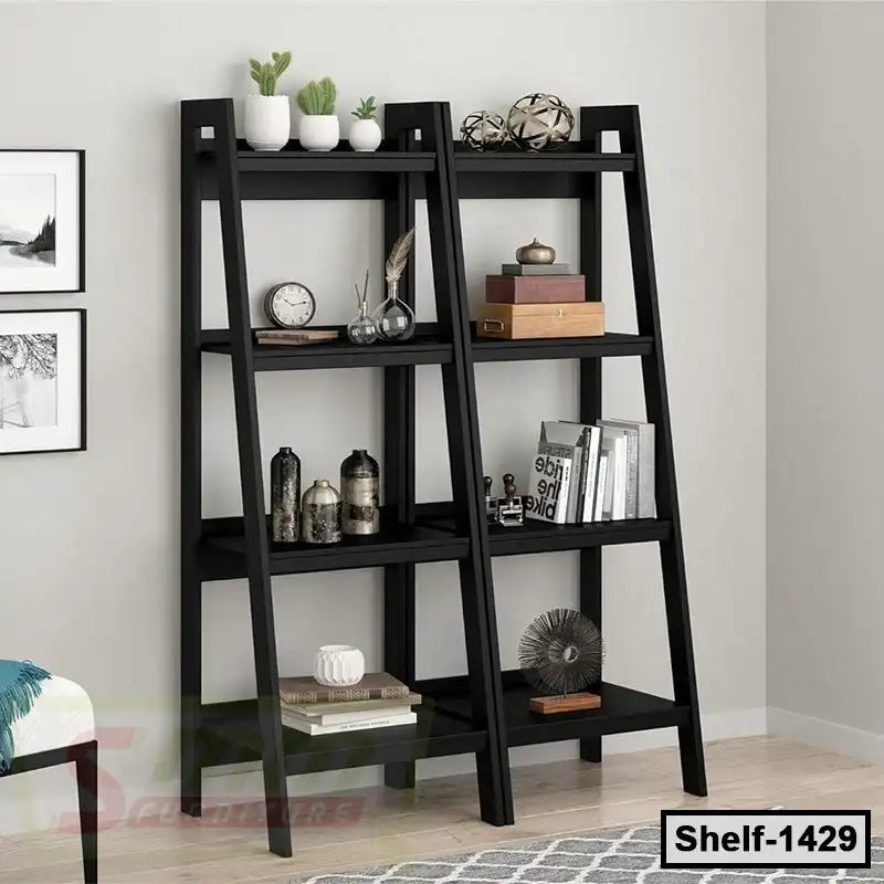 Modern black ladder bookshelf with plants, books, and decor in a contemporary living room