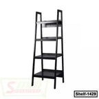 Modern black ladder bookshelf with four open shelves, ideal for home or office storage