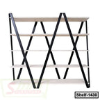 Modern 5-tier open bookshelf with black metal frame and white shelves, ideal for home or office