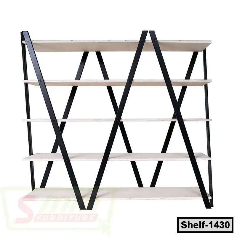 Modern 5-tier open bookshelf with black metal frame and white shelves, ideal for home or office