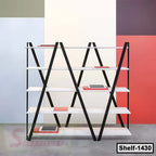 Modern four-tier bookshelf with black metal frame and white shelves, minimal decor, geometric background.