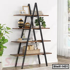 Modern wooden ladder shelf with black metal frame, styled with books, plants, and decor in a bright room