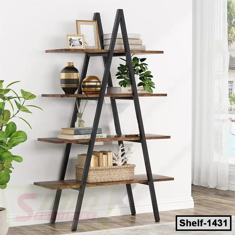 Modern wooden ladder shelf with black metal frame, styled with books, plants, and decor in a bright room