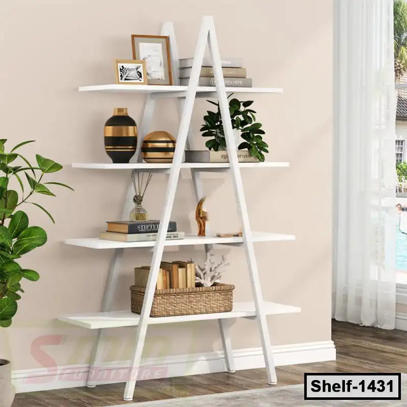 Modern white ladder shelf with decor, plants, books, and ornaments in a living room Main image