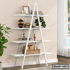 Modern white ladder shelf with decor, plants, books, and ornaments in a living room