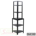 Modern black metal corner shelf unit with four tiers for home or office storage