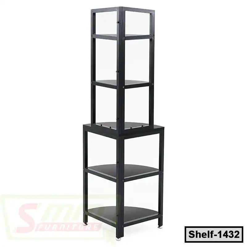 Modern black metal corner shelf unit with four tiers for home or office storage